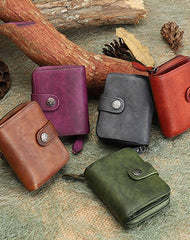 Small Purple Leather Trifold Wallet Vintage Billfold Cute Women Buckle Wallet For Ladies