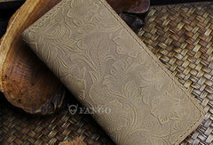 Handmade long leather wallet floral leather clutch wallet for women men