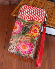 Vintage Handmade Flowers Floral Red Leather Wristlet Wallet Womens Zip Around Wallets Flowers Ladies Zipper Clutch Wallet for Women