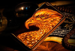 Handmade Leather Mens Tooled Eagle Chain Biker Wallet Cool Leather Wallets Long Wallets for Men