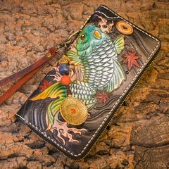 Handmade Leather Carp Mens Chain Biker Wallet Cool Leather Long Wallet for Men