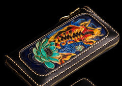 Handmade Leather Tooled Carp Mens Chain Biker Wallet Cool Leather Wallets Long Wallets for Men