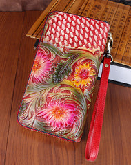 Vintage Handmade Flowers Floral Brown Leather Wristlet - Back View