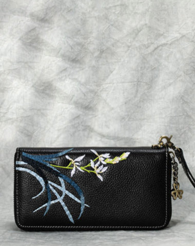 Handmade Embroidery Black Leather Orchids Wristlet Wallet Womens Zip Around Wallets Flowers Orchids Ladies Zipper Clutch Wallet for Women