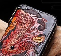 Cool Leather Tooled Carp Mens Biker Chain Wallets Long Leather Biker Wallet With Chain Wallets for Men