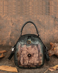 Small Green Leather Womens Rivets Shoulder Bag Barrel Small Handmade Handbag Purse for Ladies