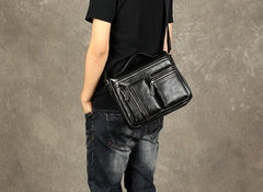 Leather Mens Cool Messenger Bag Black Shoulder Bag for men