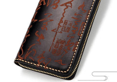 Handmade Leather Mens Chinese Handwriting Biker Chain Wallet Cool Leather Wallet Long Wallets for Men
