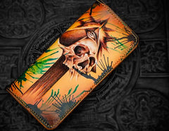 Handmade Leather Men Tooled Skull Cool Leather Wallet Long Phone Wallets for Men