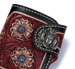 Handmade Leather Small Tooled Floral Mens billfold Wallet Cool Chain Wallet Biker Wallet for Men