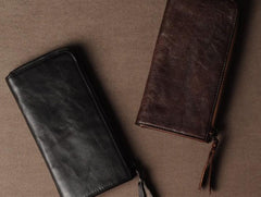 Leather Mens Cool Long Leather Wallet Phone Zipper Clutch Wallet Wristlet Wallet for Men