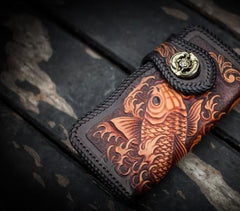 Handmade Leather Tooled Long Carp Mens Chain Biker Wallets Cool Leather Wallet With Chain Wallets for Men