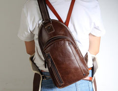 Brown Leather Mens Cool Sling Backpack Chest Bag Sling Bag Crossbody Pack for men