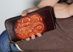 Handmade Leather Ganesha Tooled Biker Chain Mens Long Wallet Cool Leather Wallet Clutch Wallet for Men