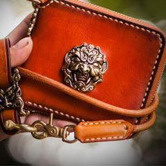 Handmade Leather Tibetan Tooled Mens billfold Wallet Cool Small Chain Wallet Biker Wallet for Men
