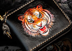 Handmade Leather Tiger Tooled Mens billfold Wallet Cool Clutch Wristlet Bag Chain Wallet Biker Wallet for Men