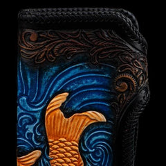 Handmade Leather Carp Tooled Long Mens Chain Biker Wallets Cool Leather Wallet With Chain Wallets for Men