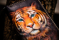 Handmade leather tiger biker wallet long wallet black leather men phone - EverHandmade