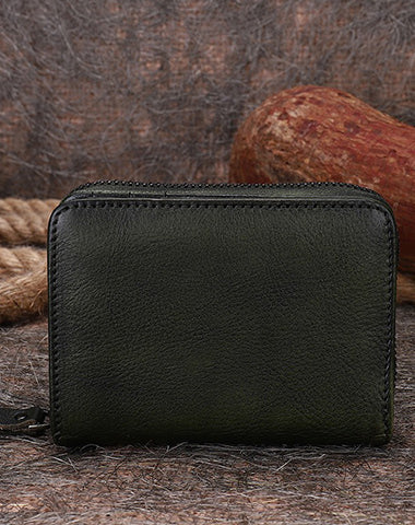 Small Green Leather Bifold Wallet Vintage Billfold Cute Women Zip Wallet For Ladies