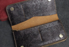 Handmade Long Leather Wallet Bifold Floral Leather Clutch Magnetic Button Wallet For Men Women - EverHandmade