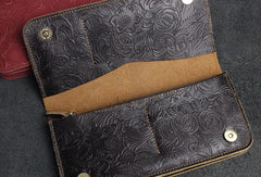 Handmade Long Leather Wallet Bifold Floral Leather Clutch Magnetic Button Wallet For Men Women