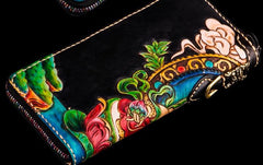 Handmade Leather Tooled Yellow Jambhala Mens Chain Biker Wallets Cool Leather Wallet Zipper Long Wallets for Men