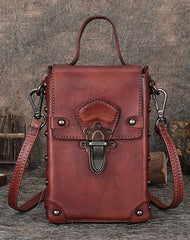 Brown Leather Womens Small Box Shoulder Bag Cube Small Handmade Handbag Purse for Ladies