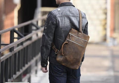Genuine Leather Mens Cool Chest Bag Sling Bag Crossbody Bag Travel Bag Hiking Bag for men