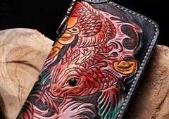 Cool Leather Tooled Carp Mens Biker Chain Wallets Long Leather Biker Wallet With Chain Wallets for Men