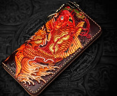 Handmade Leather Tooled Carp Mens Chain Biker Wallets Cool Leather Wallet Long Wallets for Men