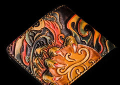Handmade Leather Chinese Lion Tooled Mens Small Wallet Cool Leather Wallet billfold Wallet for Men