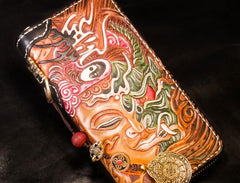 Handmade Leather Tooled Buddha Mens Chain Biker Wallet Cool Leather Wallet Long Phone Wallets for Men