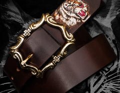 Handmade Genuine Leather Mens Tooled Tiger Belt Custom Cool Leather Men Black Belt for Men