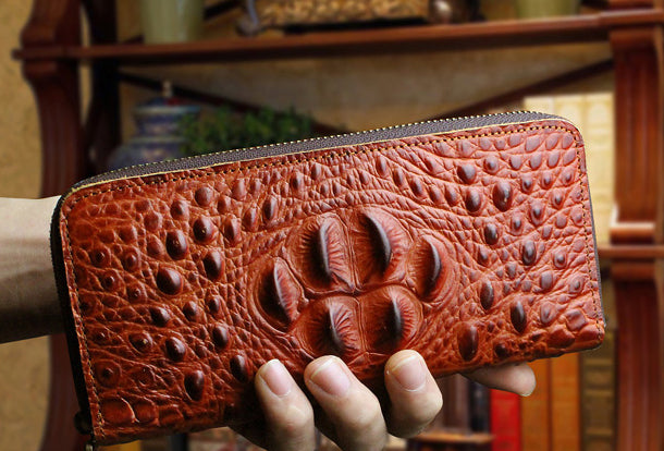 Long leather wallet crocodile zipper leather clutch wallets for men - EverHandmade