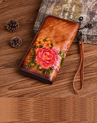 Vintage Flowers Red Leather Wristlet Wallet Womens Zip Around Wallets Flowers Ladies Zipper Clutch Wallet for Women
