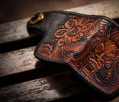 Handmade Leather Tooled Chinese Dragon Biker Wallet Mens Cool billfold Chain Wallet Trucker Wallet with Chain