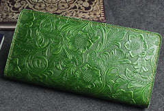 Handmade long leather wallet floral passport leather clutch wallet for women men zip - EverHandmade