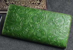 Handmade long leather wallet floral passport leather clutch wallet for women men zip