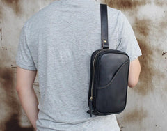 Genuine Black Leather Mens Cool Sling Pack Chest Bag Sling Bag Crossbody Pack for men