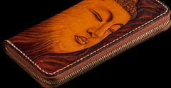 Handmade Leather Mens Tooled Buddha&Demon Chain Biker Wallet Cool Leather Wallet Long Clutch Wallets for Men