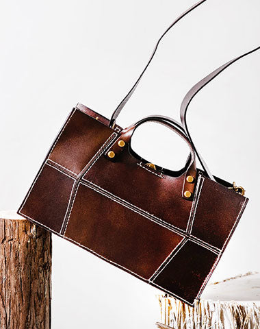 Genuine Leather Handmade Handbag Shoulder Bag Geometric Bag Purse For Women - EverHandmade