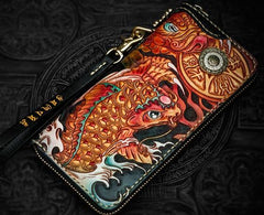 Handmade Leather Tooled Carp Mens Chain Biker Wallet Cool Leather Wallet Long Phone Wallets for Men