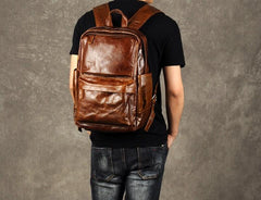 Genuine Leather Mens Cool Backpacks Large Brown Travel Backpack Hiking Backpacks for men