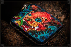 Handmade Leather Chinese Lion Tooled Mens billfold Wallet Cool Chain Wallet Biker Wallet for Men