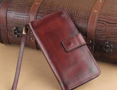 Genuine Leather Mens Cool Biker Chain Wallet Long Leather Wallet Slim Clutch Wristlet Wallet for Men