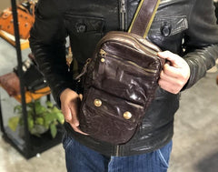Genuine Leather Mens Cool Chest Bag Sling Bag Coffee Crossbody Pack Sling Pack for men