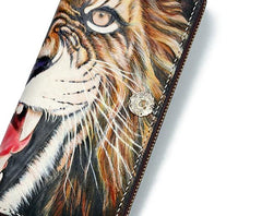 Handmade Leather Tooled Tiger Mens Chain Zipper Biker Wallet Cool Leather Wallet Long Phone Wallets for Men