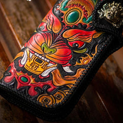 Handmade Leather Monster Mens Chain Biker Wallets Cool Tooled Leather Wallet Long Wallets for Men