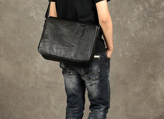 Black Leather Mens Cool Large Messenger Bag Shoulder Bag Cycling Crossbody Bag for men