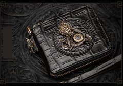 Handmade Leather Chinese Dragon Tooled Mens billfold Wallet Cool Chain Wallet Biker Wallet for Men